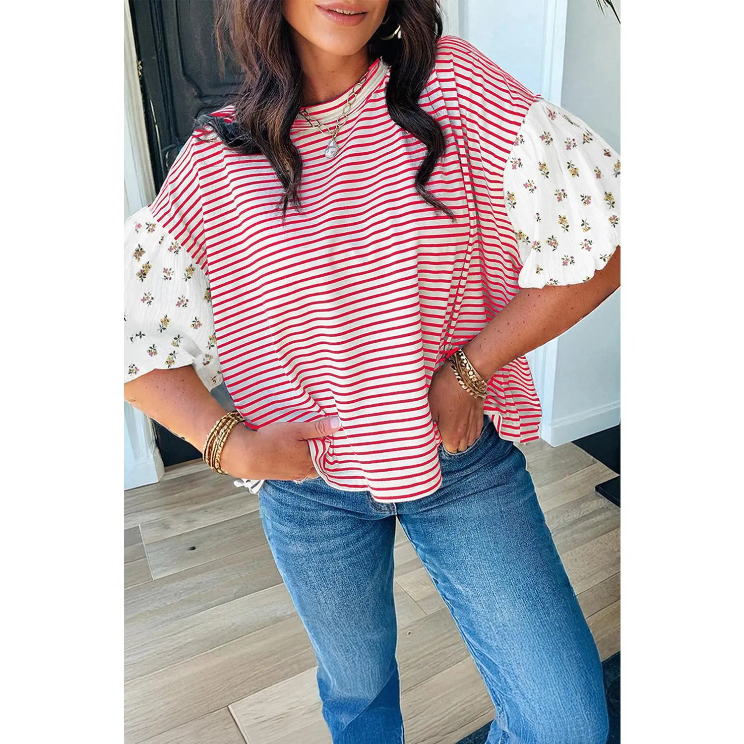 Red Stripe Floral Puff Sleeve Patchwork Round Neck Loose Top