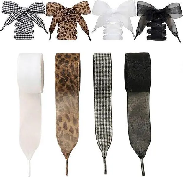 4 Pairs Wide Fabric Ribbon Shoelaces, Leopard Gingham Plaid Sheer White Black Flat Replacement Shoe Strings, Y2K Aesthetic Decorative Shoelaces for Sneakers Canvas Shoes Women Street Fashion
