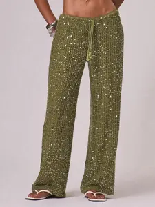 2026 Women's Bohemian Style Beach Pants Elegant Summer Sequined Fitted Long Trousers Fashionable Holiday Wear Casual Palazzo