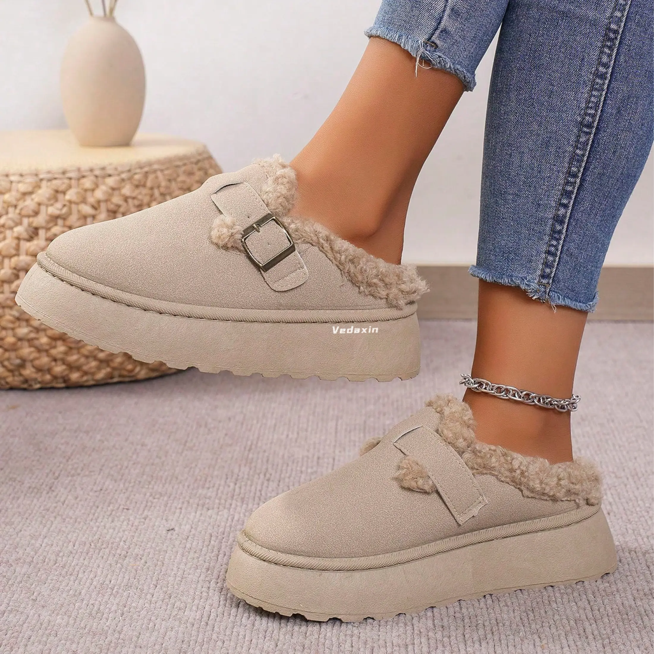 Women's Slippers Platform Snow Boots Buckle Mini Ankle Booties Comfortable Slip-On  Boot  for Indoor Outdoor Waterproof Footwear
