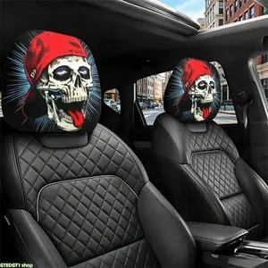 Gothic Streetwear Skull Car Headrest Covers 2 PCS, Universal Fit for Cars SUVs Trucks, Breathable Fabric Protector, Cool Red Cap Skeleton Tongue Out Design, Edgy Gothic Auto Accessories, Easy Install & Washable, Upgrade Your Ride with Dark Urban Vibe