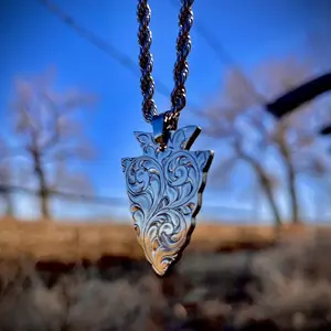 Hand Engraved Arrowhead Pendant - Unique Western Bright cut Design with courtesy Chain Attachment
