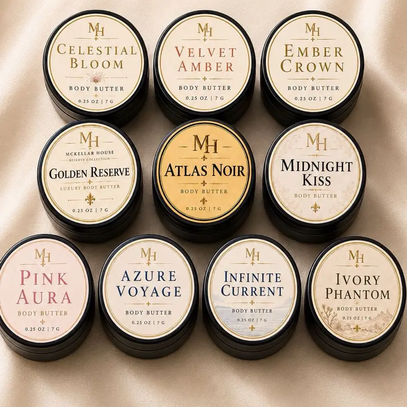 McKellar House Full Discovery Set - 10 Scented Fragrance Body Butter Samples, 0.25 oz Each, Body Care Moisturizers, Cosmetic Gift Option Whipped Gentle Exfoliating, Body Cream Moisturizer, Gentle Moisturizing