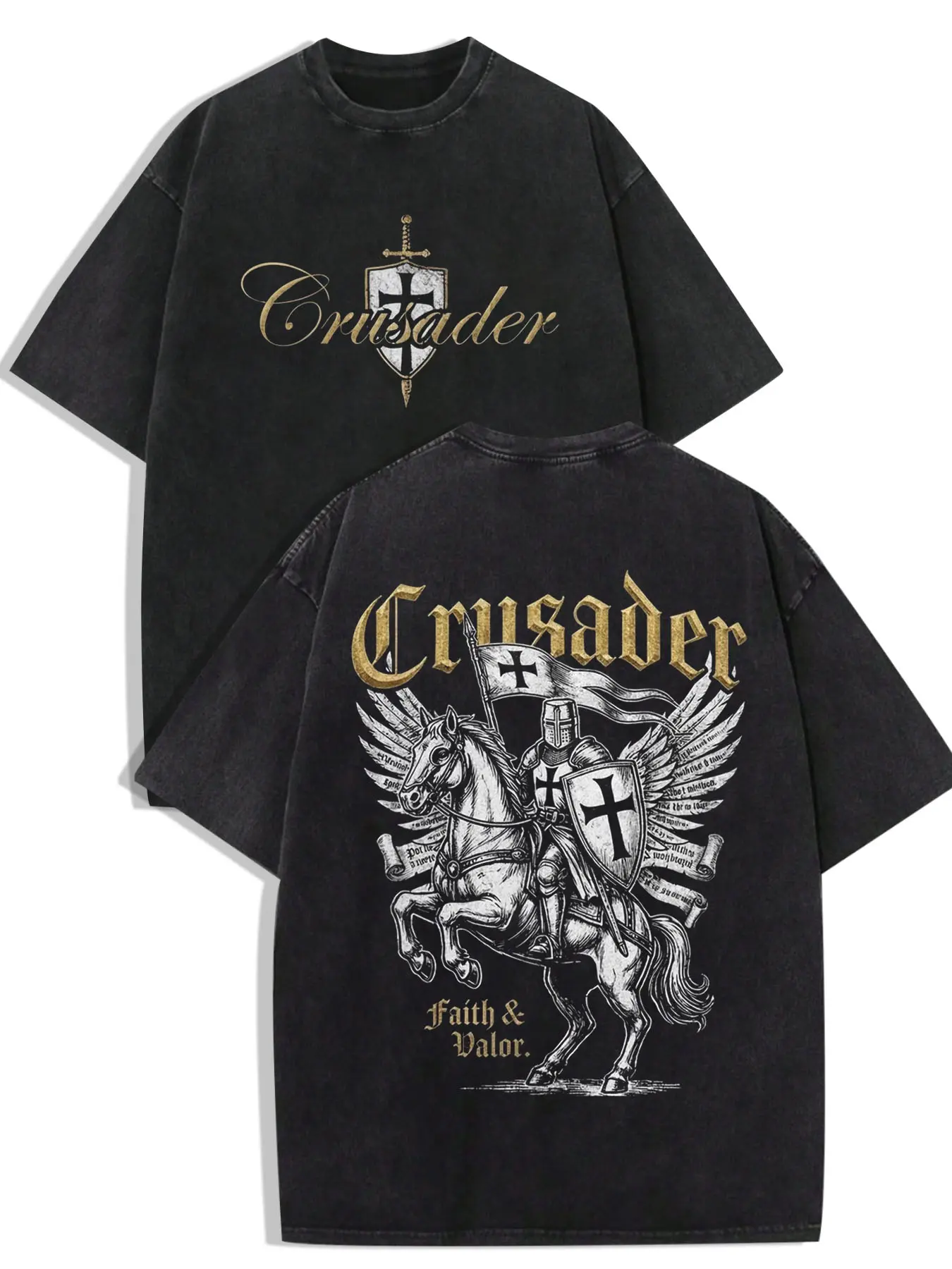 1 PCS Washed Vintage Crew Neck Loose Fit Short Sleeve T-shirt, Front and Back Medieval Winged Knight Horse Cross Shield Graphic Retro Streetwear Tee For Daily Casual & Halloween Outfits