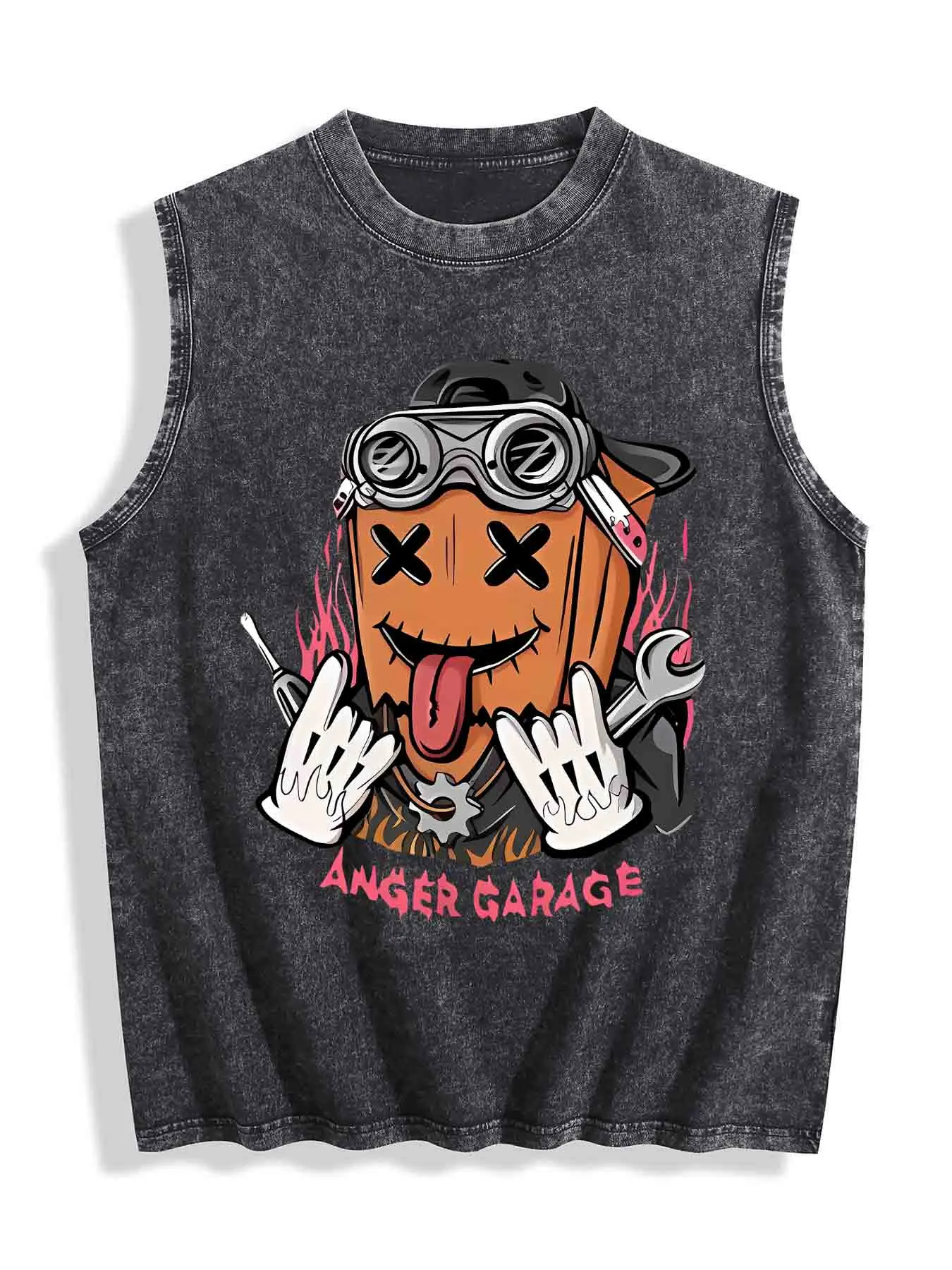 Anger Garage Box Man Mechanic Graphic Vintage Washed Sleeveless Tank Top, Retro Streetwear Loose Fit Cut Off Tank Shirts For Men,clothes for back to school,first day of school outfits