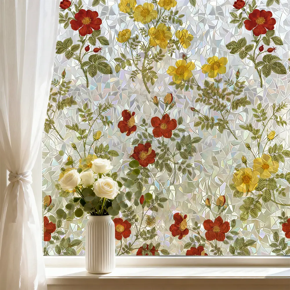 1 Roll Static Cling Iridescent Floral Window Film, Colorful Flower Privacy Window Sticker for Home Decor, Glass Decoration, Living Room, Bedroom & Kitchen Sliding Doors, Removable Privacy Film