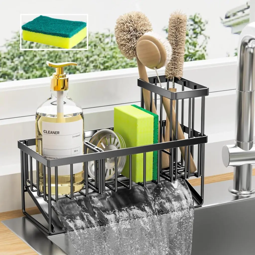 Kitchen Sink Rack, 1 Set Sponge Holder for Kitchen Sink, Kitchen Sink Organizer with Brush Holder & 1 Sponge, Rustproof Kitchen Gadgets Dish Sponge Organizer, Drainage Rack, Kitchen Storage Rack