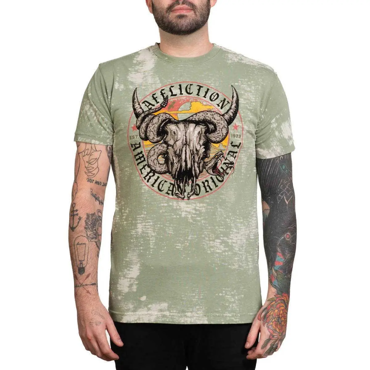 Affliction Men's Dry Bones Oil Green Short Sleeve T-Shirt Tee