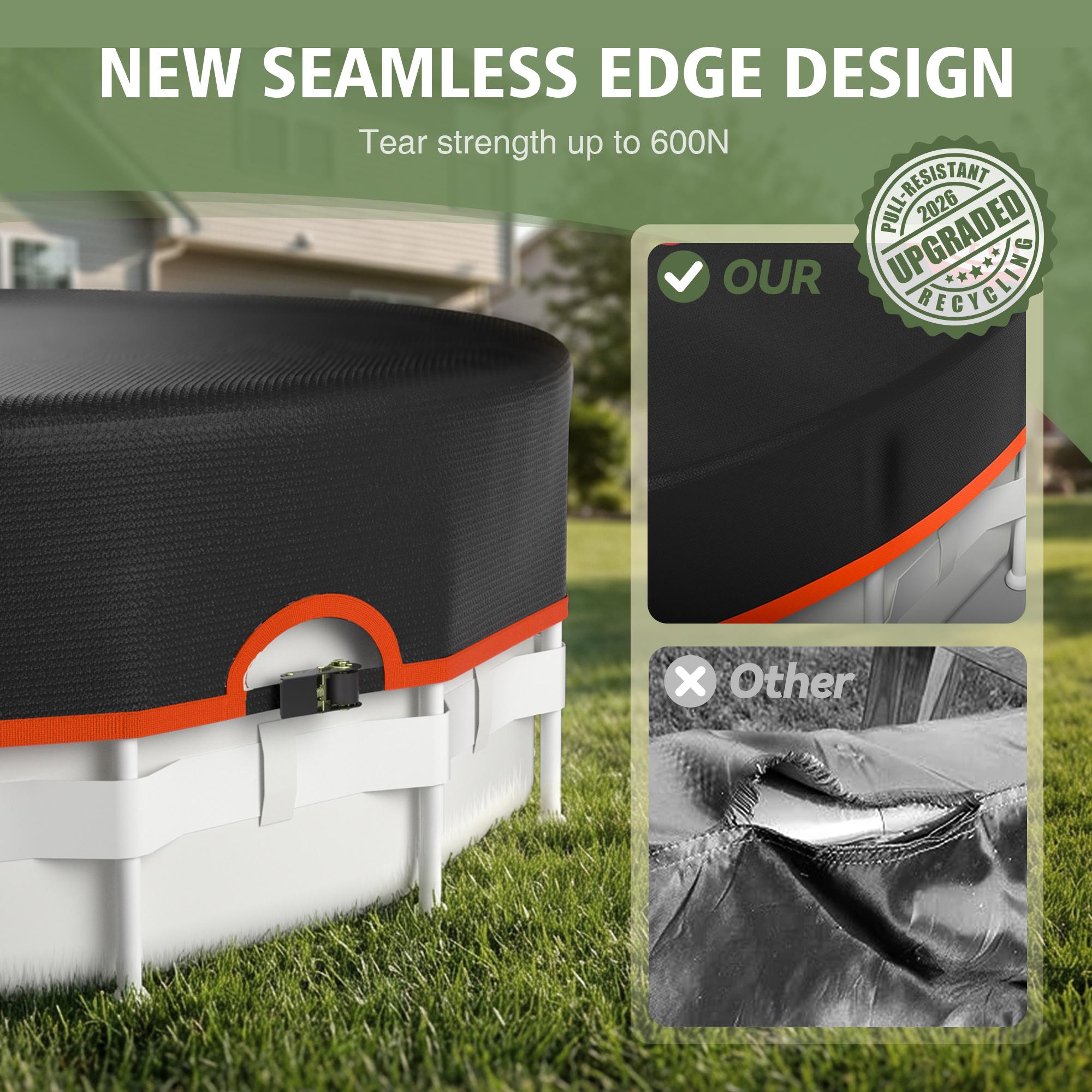 Round above-ground pool cover for shading pool equipment and protecting heaters, equipped with heavy-duty mechanical buckles and straps for secure fastening, solar waterproof design, keeps out debris to maintain clear water, rainproof and durable cover.