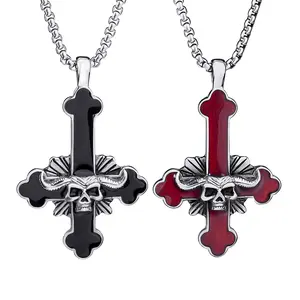 Inverted Cross Necklace for Men Women, Black Devil Cross Satanic Baphomet Goat Necklace, Upside Down Cross Pendant Chain Gothic Punk Skull Jewelry