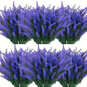 7 bunches of UV-resistant artificial lavender flowers in vibrant purple, suitable for outdoor gardens and windowsill decorations, fade-resistant plastic green plants, home decor lavender
