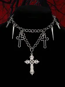 1 Piece Unisex Gothic Cross Spike Layered Choker Necklace, Silver Tone Alloy Chunky Chain, Edgy Grunge Ornate Cross & Spike Charms Jewelry for Everyday, Concert, Goth Outfits & Halloween Jesus Gold-Plated Crucifix