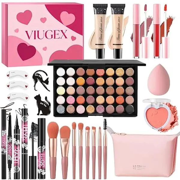 All in One Makeup Kit for Women Full Kit, Make Up Gift Set for Women Teen Girls, Makeup Essential Bundle with Eyeshadow Palette Foundation Blush Lipgloss Eyeliner Mascara Eyebrow Pencil Cosmetic Bag