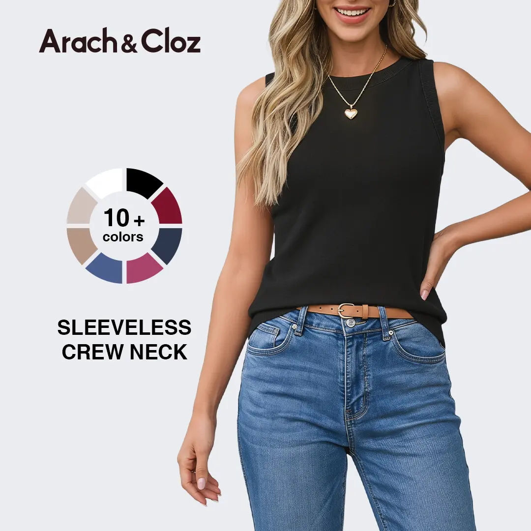 Arach&Cloz Women‘s Sleeveless Knit Tank Top Soft Crew Neck Sweater Vest Dressy Casual Spring Summer Outfit SummerVibes 2026