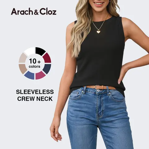 Arach&Cloz Women‘s Sleeveless Fall Winter Knit Tank Top Soft Crew Neck Sweater Vest Dressy Casual Summer Outfit SummerVibes 2026 Womenswear Basic