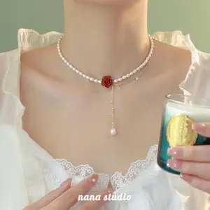 Pearl Necklace For Women Light Luxury Niche Collarbone Chain Cool Summer Style Cinnabar Flower Necklace