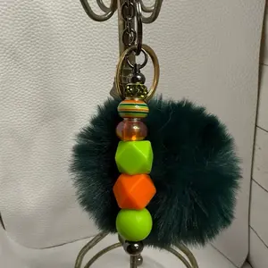 Colorful Bead Keychain with Green Pom-Pom and Geometric Shapes for Stylish Accessory