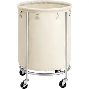 SONGMICS Laundry Basket with Wheels, Rolling Laundry Hamper, 45 Gal., round Laundry Cart with Steel Frame and Removable Bag, 4 Casters and 2 Brakes, Cream and Silver URLS01MZ SONGMICS
