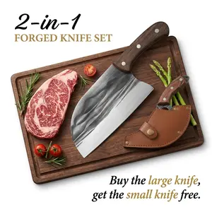 Super Combo 2 Pcs High Carbon Steel Cleaver Knife Set, Ergonomic Effortless Meat Cutting Cleaver & Portable Viking Knife with Protective Leather Sheath, All-In-One Kitchen Camping BBQ Utility Knife Perfect Holiday Gift for Men, Cooking Enthusiasts