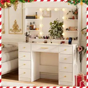 【Summervibes】Vanity Desk with Mirror and Lights, Makeup Vanity with Charging Station & Vanity Stool, 3 Drawers and Cabinets White Vanity Mirror with RGB LED Lights Vanity Desk and Chair for Women