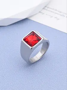 Personalized Men's Ring, 18K Gold Plated Stainless Steel, Ruby Multi-Faceted Cut, Eye-Catching Sparkle