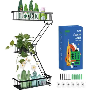 Fire Escape Wall Shelf, Modern City Corner Wall Decorative Action Figure Metal Display with Mini Shelf, Black 2.5 Tier