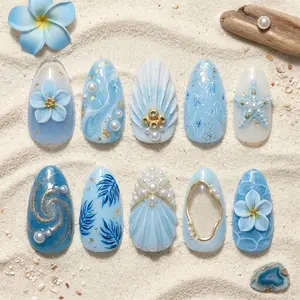 Blue Ocean Press On Nails 3D Shell Pearl Beach Nails Tropical Summer Mermaid Nail Se