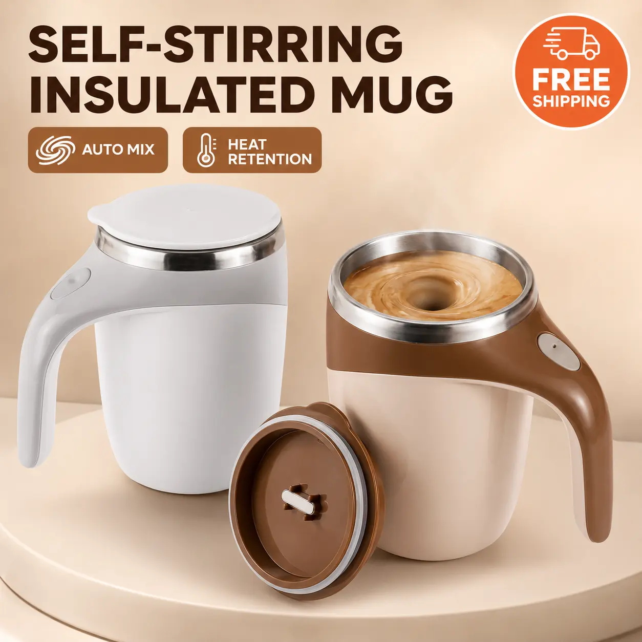 2026 Holiday Gift Coffee-Colored Insulated Tumbler Mug - USB-Rechargeable Magnetic Automatic Stirring, Portable Reusable Tumbler Cup with Dual-Purpose Lid, Reuse-Friendly Home & Festive Supply