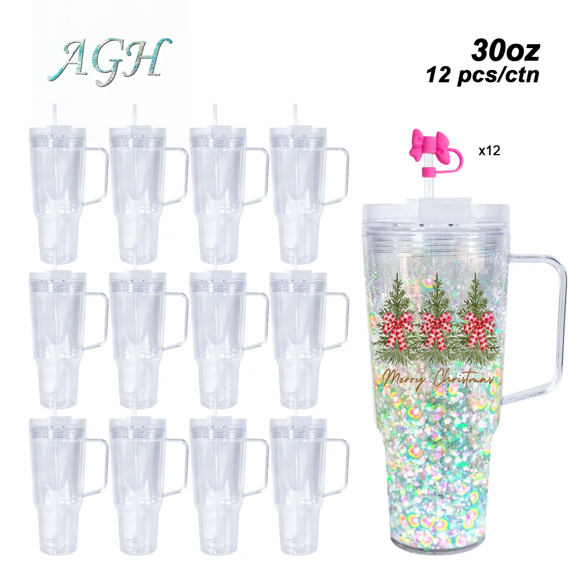 AGH 10/12pcs 30oz Snow Globe Handle Tumblers with Silicone Straw Topper/Cover and Clear/Color Lids for Car Mug Gift Drinkware