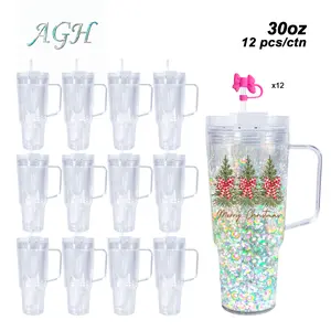 AGH 10/12pcs 30oz Snow Globe Handle Tumblers with Silicone Straw Topper/Cover and Clear/Color Lids for Car Mug Gift Drinkware