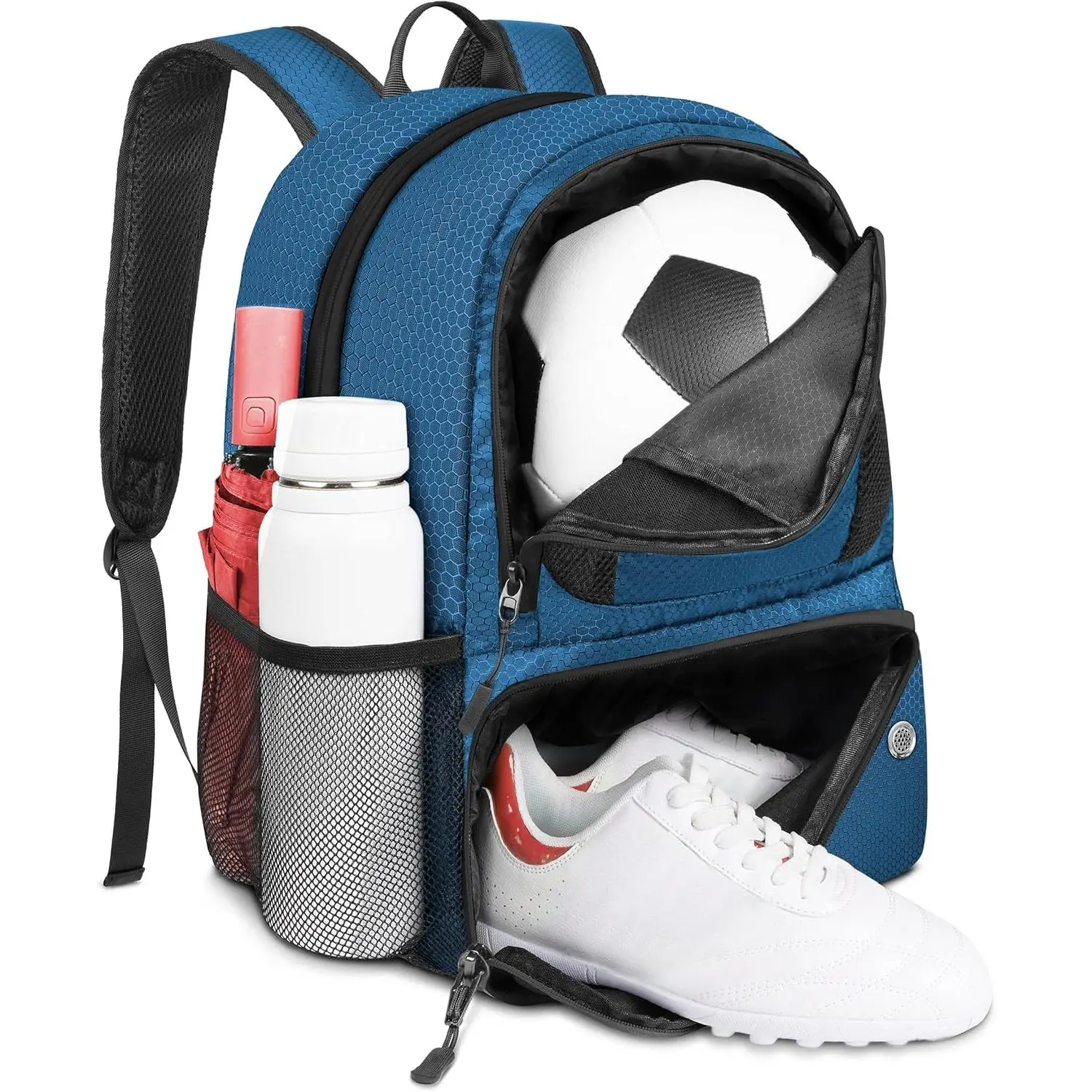 Polyester Soccer Backpack with Ball Holder - Water-Resistant 28L Large Multi-Sport Equipment Bag with Adjustable Straps for Basketball, Volleyball