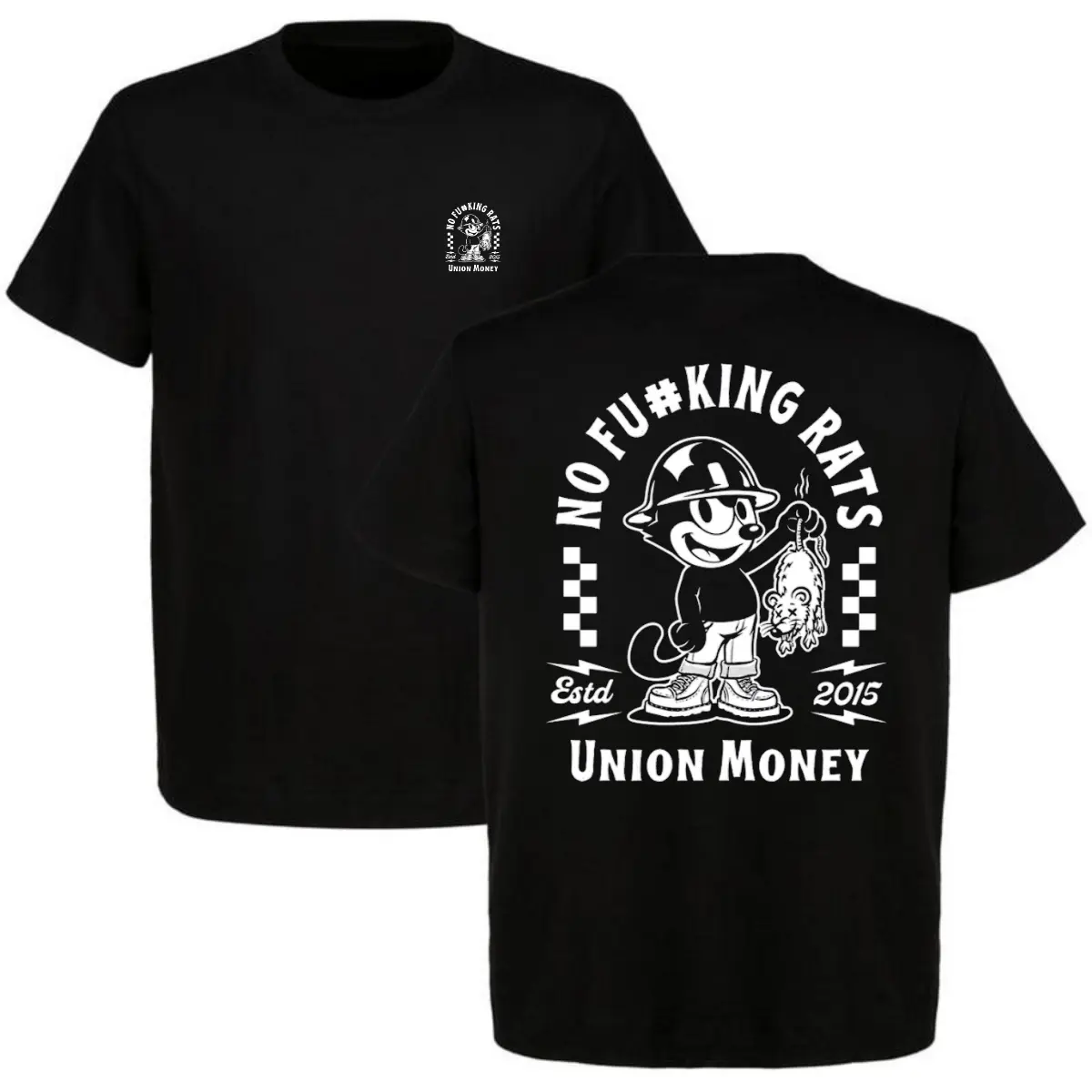 Union Money No F4cking Rats Graphic T-Shirt | Retro Cartoon Hardhat Worker Mouse Print Top | Vintage Labor Brotherhood Workwear Strike Pride Mens Casual Clothing Outfit