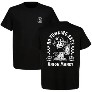 Union Money No F4cking Rats Graphic T-Shirt | Retro Cartoon Hardhat Worker Mouse Print Top | Vintage Labor Brotherhood Workwear Strike Pride Mens Casual Clothing Outfit