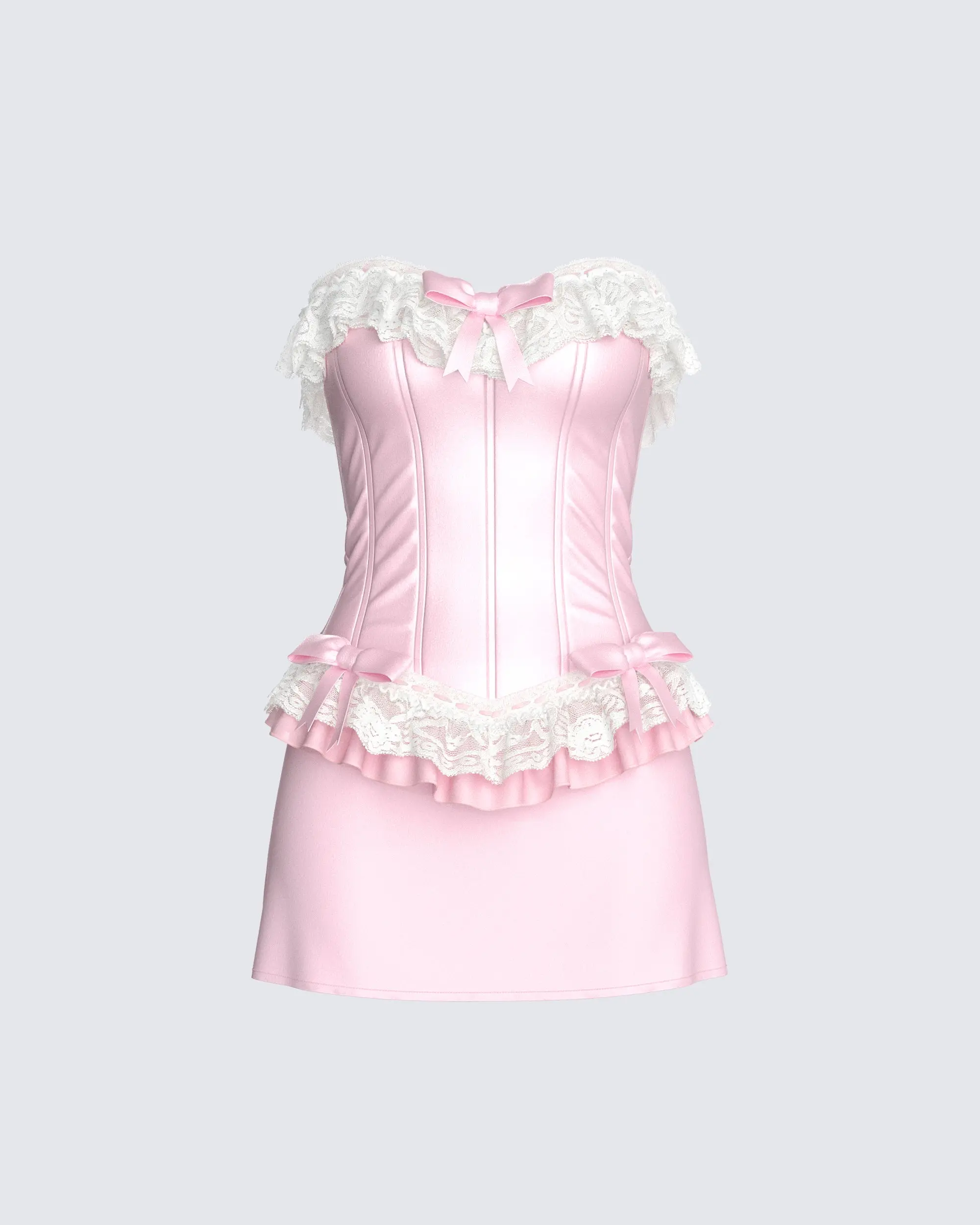 Women's Fitted Blush Pink Satin Corset Lingerie - Sleeveless Lace Ruffle Casual Mini Dress, Polyester, Casual Wear, Skirt, Corset Dress, Cute, Strapless, Night Out, Ruffled Lace, Bow Accents, Fitted Blouse, Women's Clothes, Pink Dress For Women