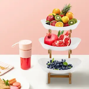 3 Tier Bamboo Fruit Stand Yuanbao Shape with White Bowls for Candy Dessert Display Party Wedding Tabletop Decor Storage