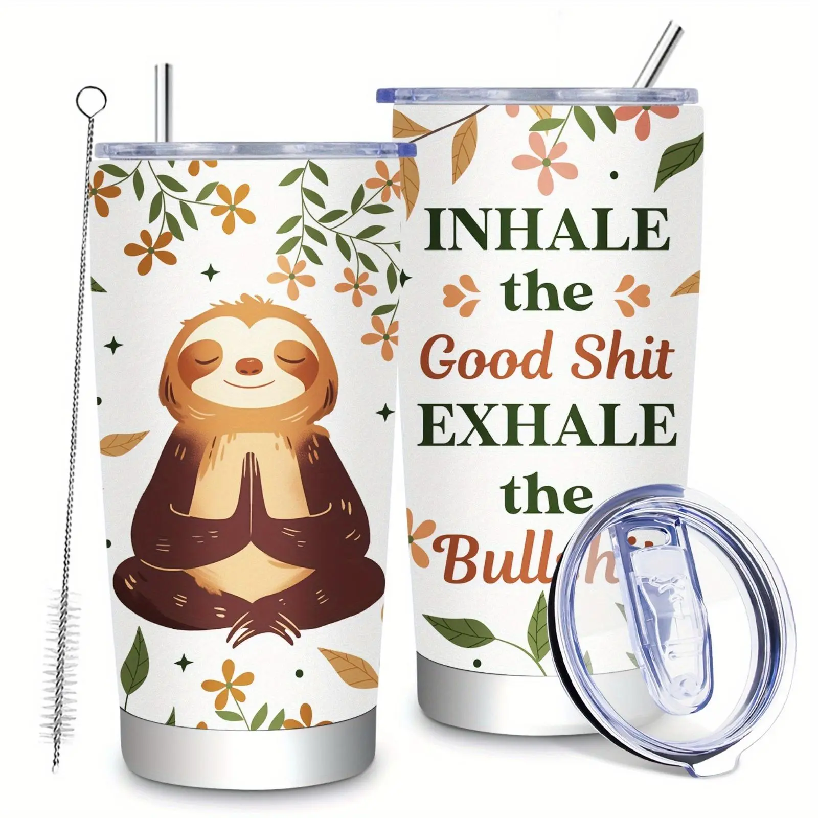 20oz Cute Sloth-Themed Stainless Steel Flask, Double-Wall Insulated Reusable Travel Mug, Floral Design, Hot/Cold Drink Kitchenware, Perfect Gift for Coffee Drinkers, Outdoor Use, Flasks