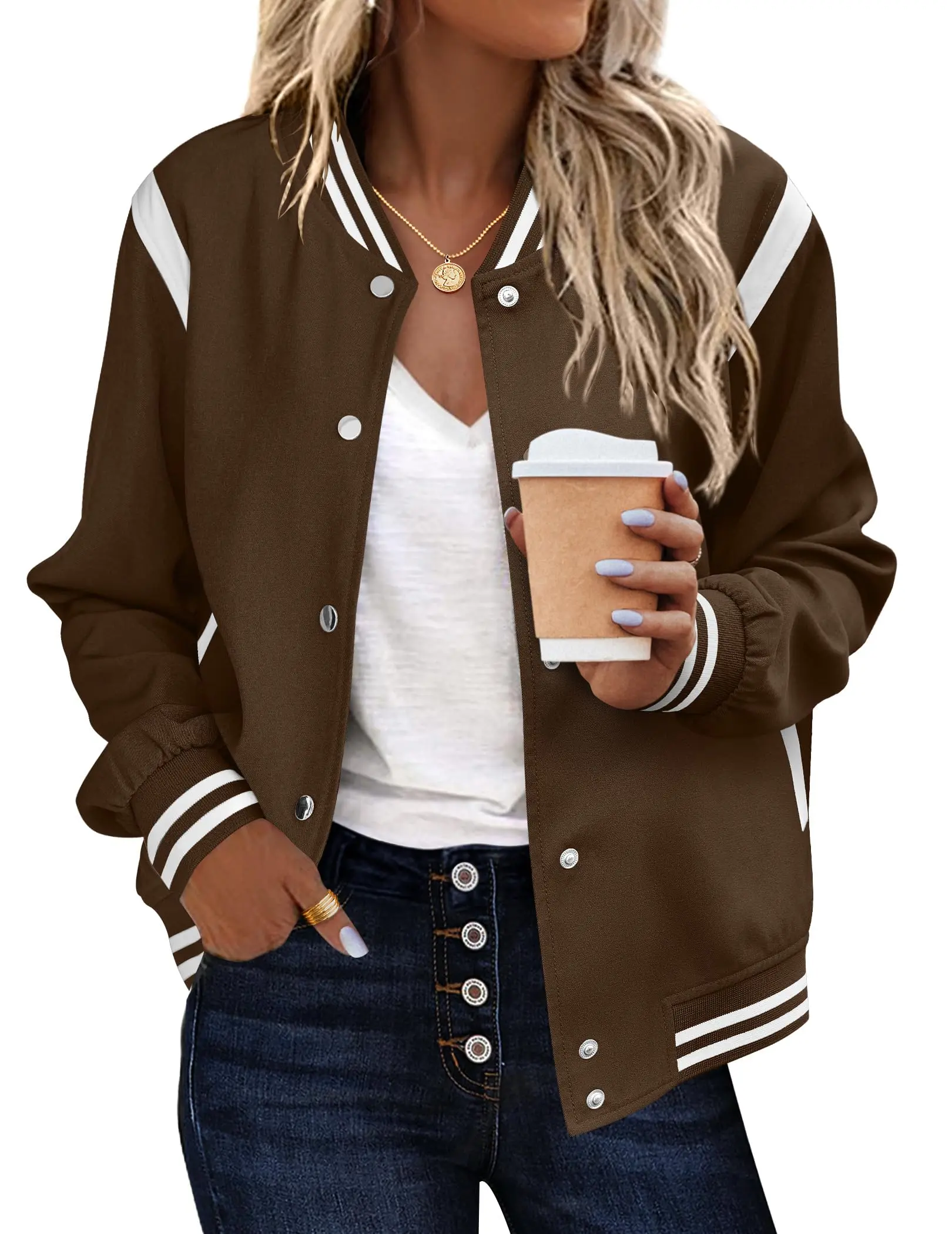ZEAGOO Women's Collared Long Sleeve Bomber Jacket - Lady's Casual Striped Button-Down Lightweight Short Outwear with Pockets, All-Year Wearable, All Season Women's Lightweight Jackets, 2-Tone Women's Lightweight Jackets