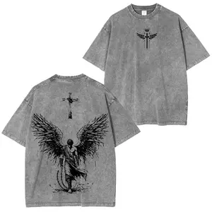 Vintage Washed Gray Grunge Streetwear T-Shirt with Broken Wing Fallen Angel Print, Chains & Cross, Crown Wing Sword Logo, Oversized Dark Faith Aesthetic Unisex Tee