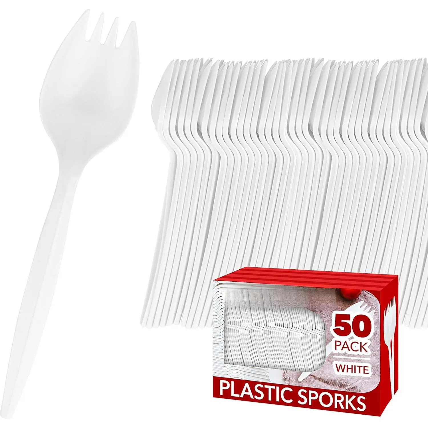 Disposable White Plastic Sporks (50 Pack) - BPA-Free, Kid-Safe, Solid Heavy-Weight 2-in-1 Utensils - Thick Cutlery for School Lunches, Picnics, Catering - Stock Your Home