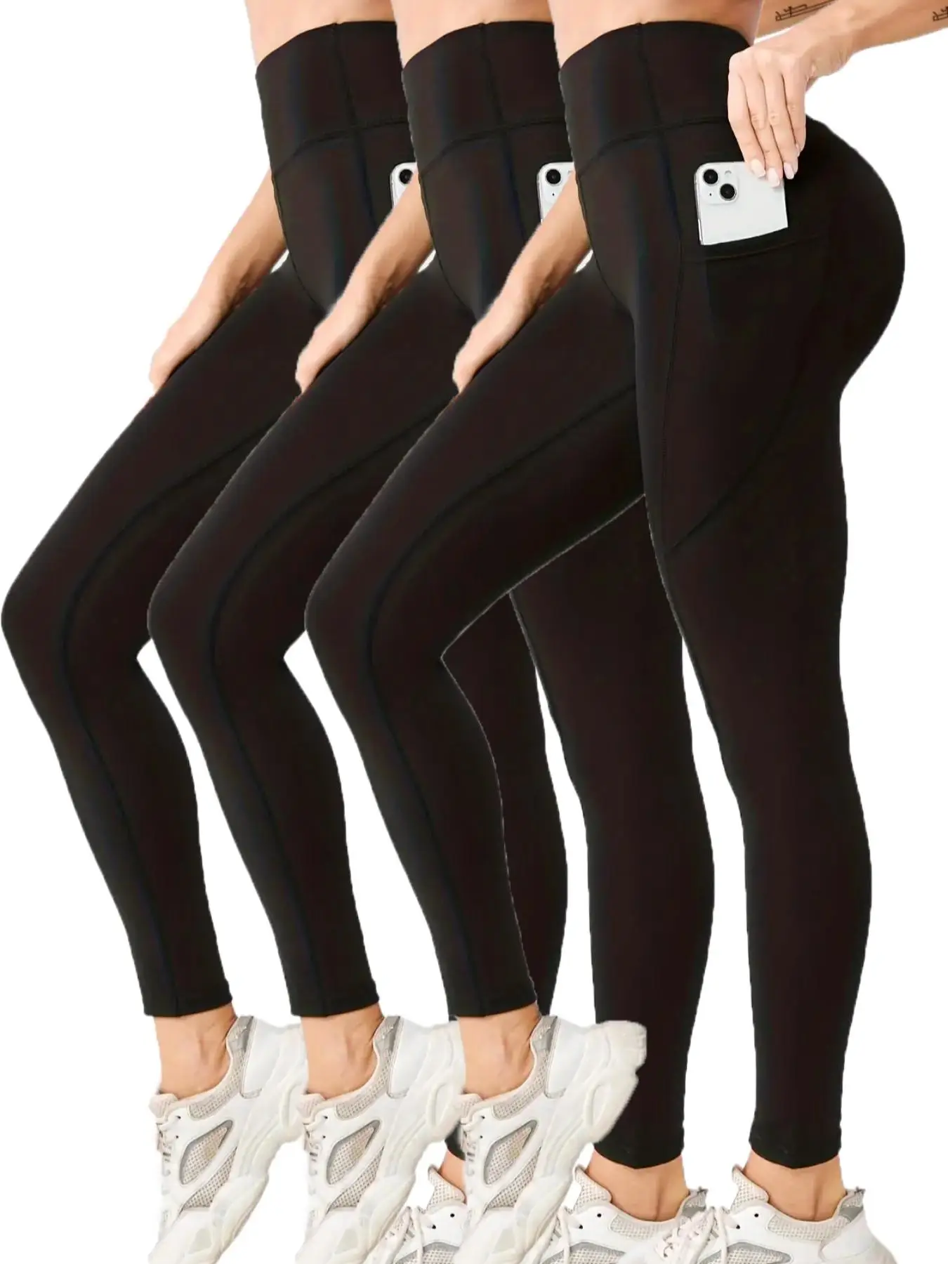 Women's Solid High Waist Pocket Sports Leggings, Sporty Casual Skinny Pants for Yoga Gym Workout Running, Summer Outfits, Women's Sports Bottoms