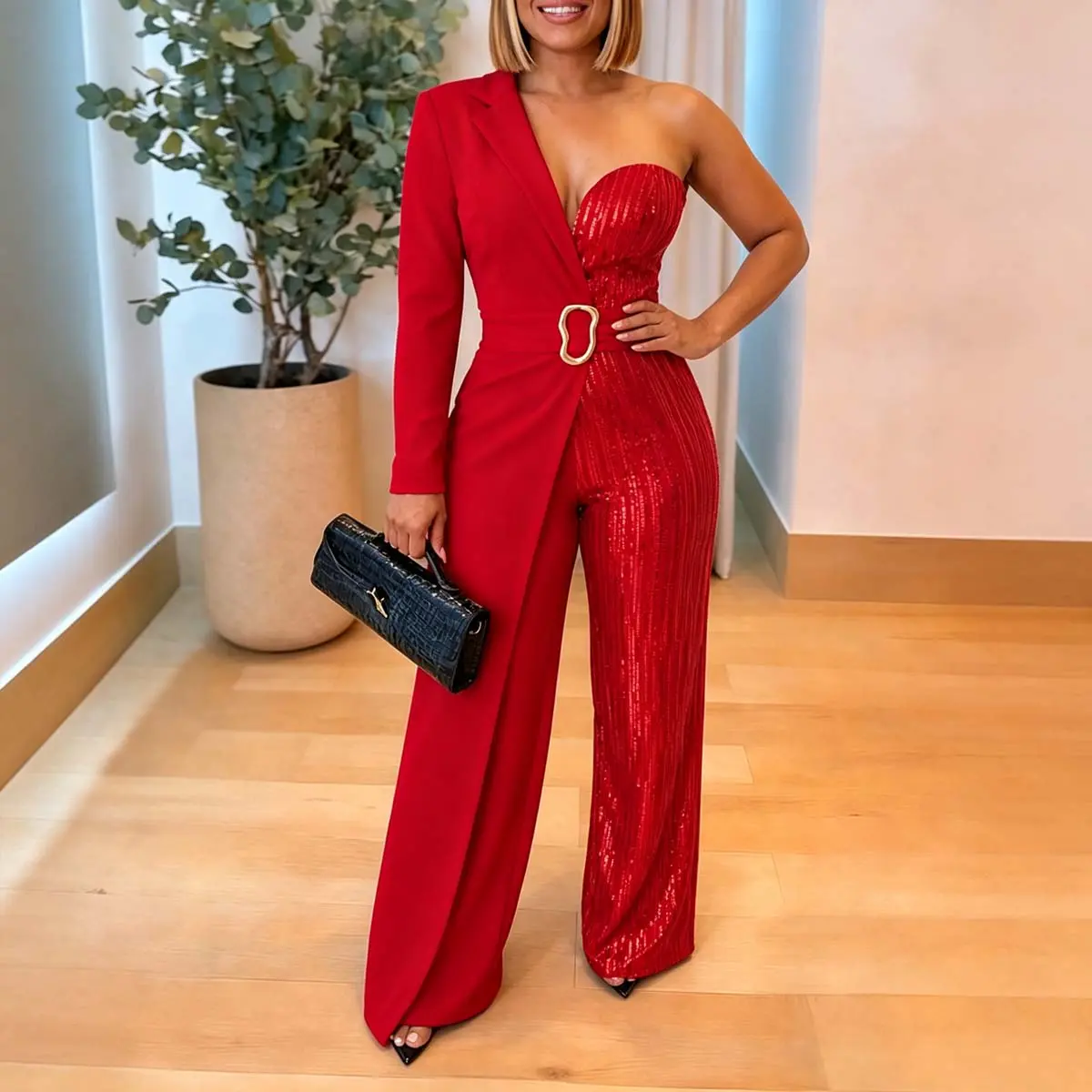 CHICME Women's One Shoulder Sequin Jumpsuit Elegant Long Sleeve Wide Leg Evening Jumpsuit with Detachable Clear Straps