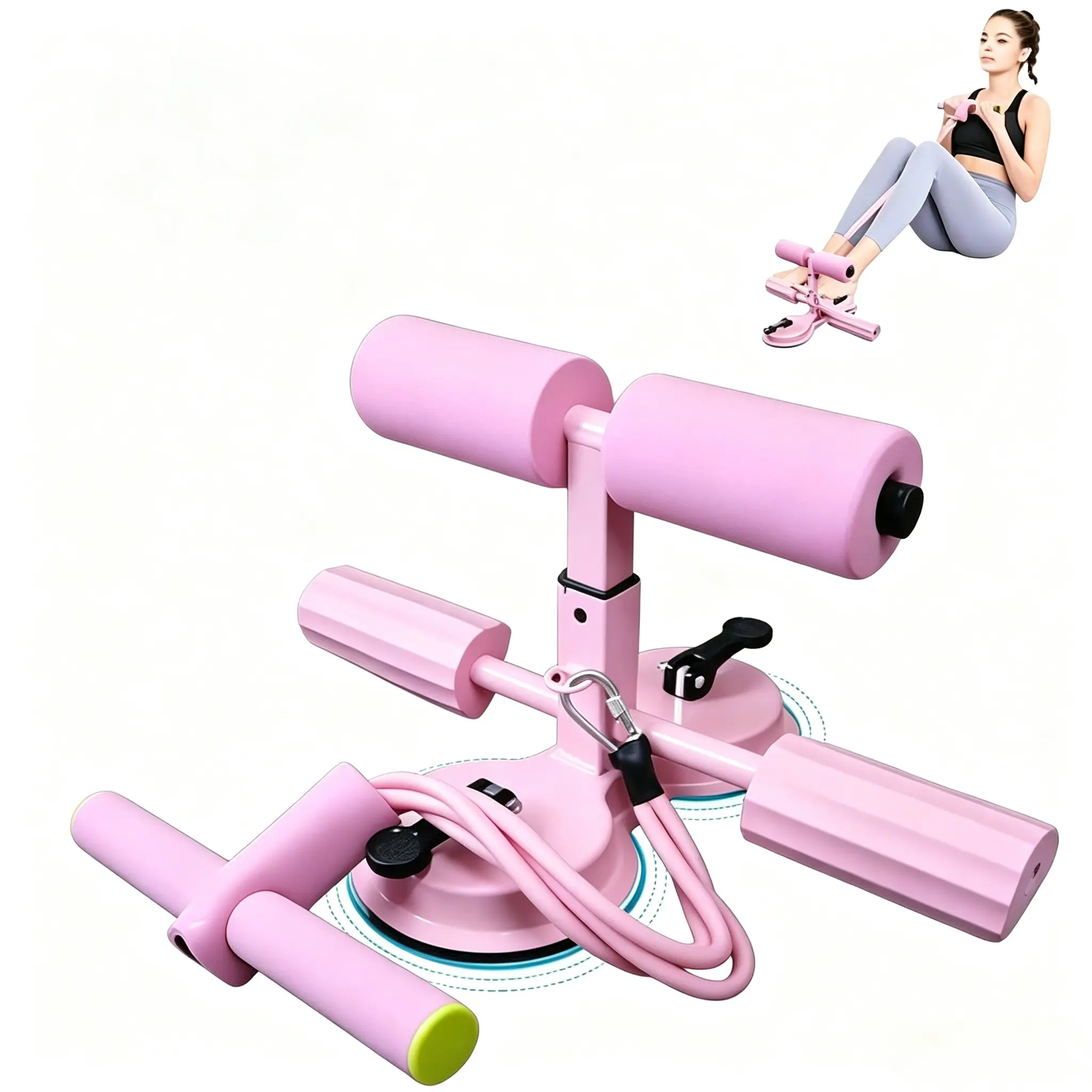 Triple-Suction Cup Abdominal Trainer with 3-Level Height Adjustment Portable Sit-Up Machine for Home Gym Multi-Function Core Trainer in Pink Suitable for Flat Surfaces