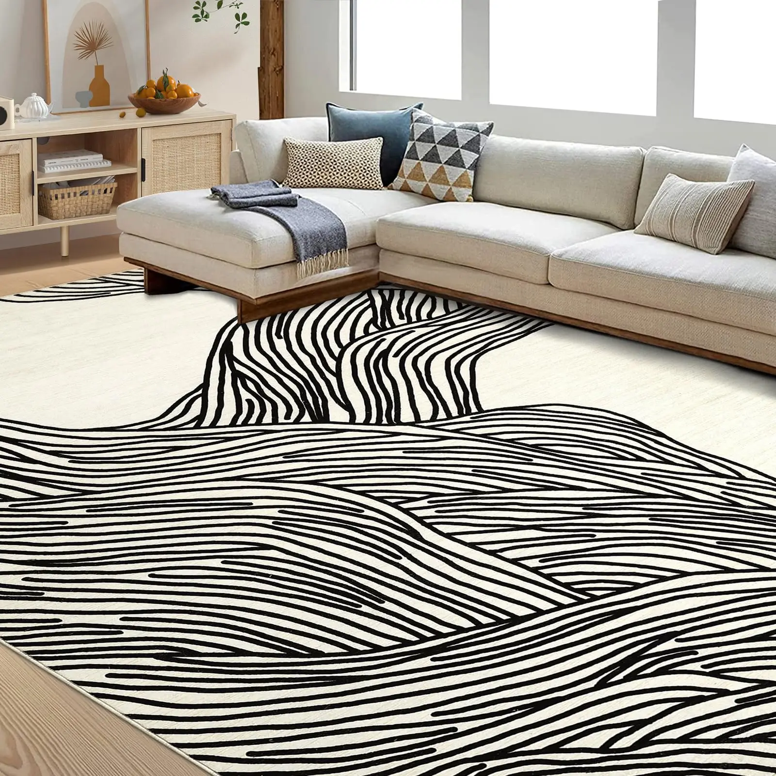 Garvee 10x13 Modern Stripes Area Rug - Large Washable Indoor Carpet for Living Room, Bedroom, Office, Nursery - Contemporary Foldable Black and White Home Decor Rug