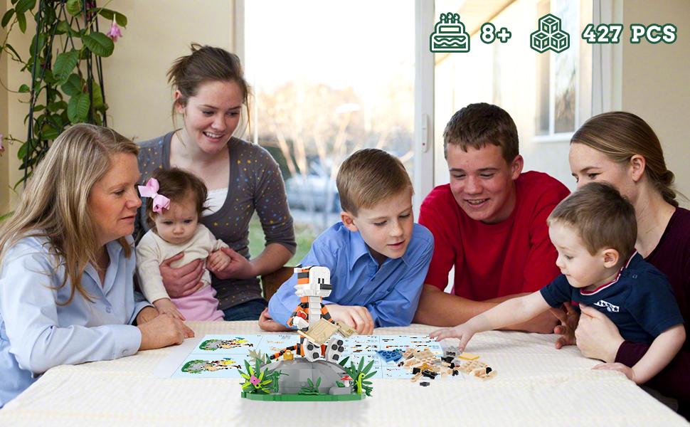 TENHORSES Boy and Tiger Adventure Blocks Set 358PCS with Rotatable Device Compatible with Legos Durable ABS Plastic Toy for Boys Girls Adults Fathersdaygift Model Car Kit with Wheel Animals