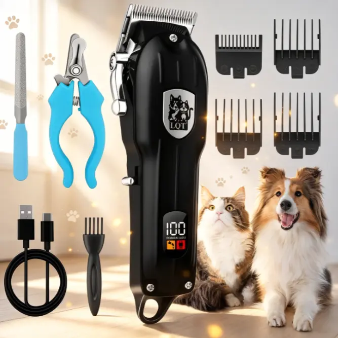 LQT Cordless Pet Hair Clippers Set - LCD Digital Display Grooming Kit, Low Noise Rechargeable Shaver with Nail Clippers, Nail File, Guide Combs for Dogs & Cats