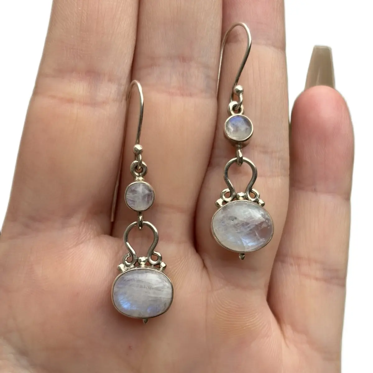 Sterling Silver Rainbow Moonstone Dangle Earrings with Hook Backs