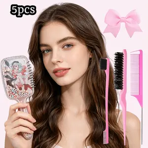 5 Piece Cute Sand Massage Comb Set, Cartoon Cushion Hair Brush, Pointed Tail Comb, Hair Combs, Boar Bristle Brush, Eyebrow Brush, Hair Tie, Women's Gift