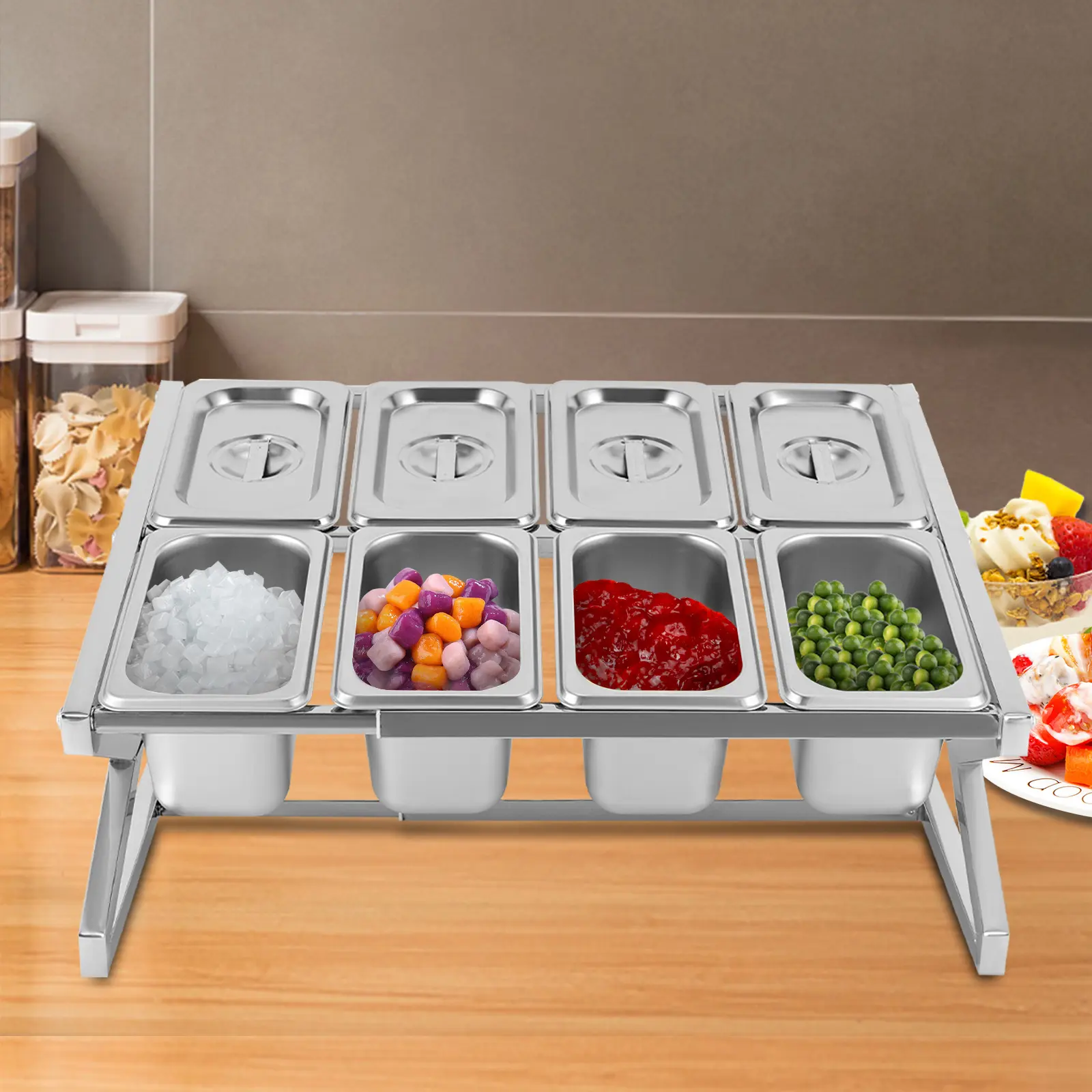 Stainless Steel 8-Pan Adjustable Condiment Rack with 900ml 1/9 Size Containers, 35.5-65cm, 15kg Capacity, Durable, Dustproof, Easy to Wipe Clean, Polished Finish, Modern Aesthetic, Buffet-Ready Setup for Dining Events, Tabletop Kitchen Organizer