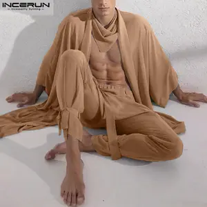 INCERUN Men's Spring Summer Casual Solid Color Kimono Style Cardigan Set (Multi-color options) for Resort Leisure, Home Comfort, Zen Style