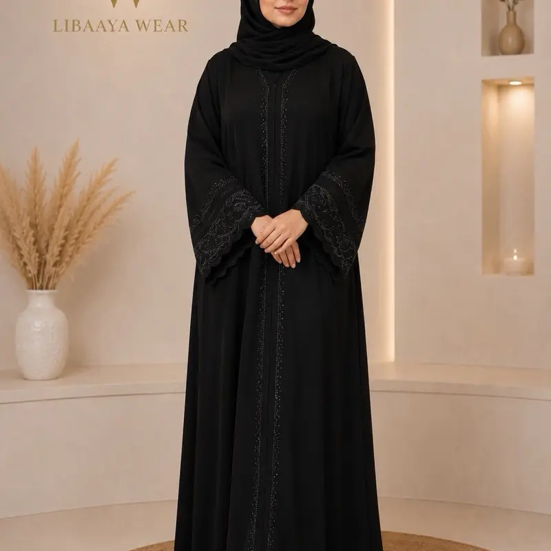 Black Stone Work Front Open Abaya – Premium Modest Wear | Length 57”